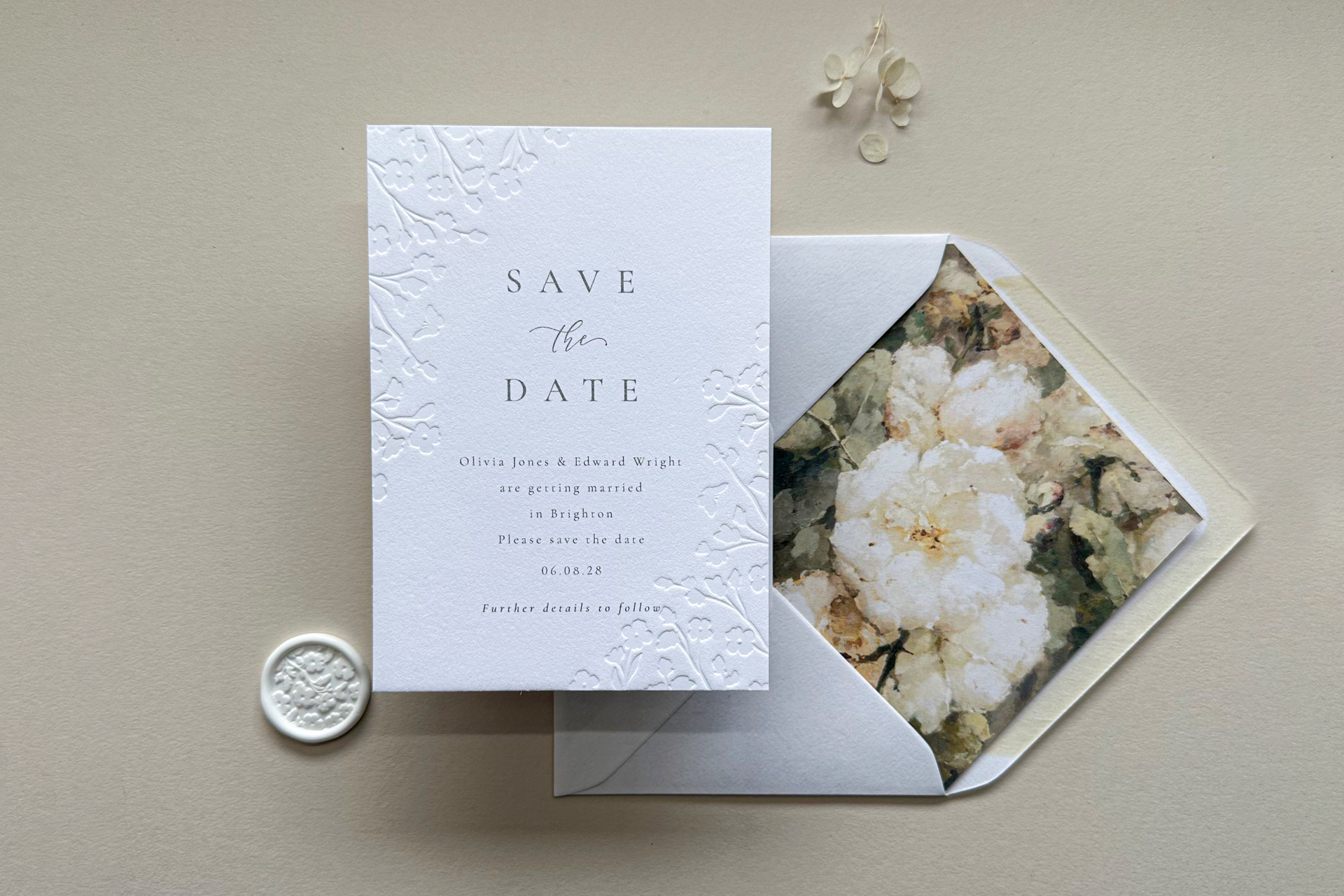 Floral debossed wedding save the date card with matching vintage floral envelope liner hand made in Brighton