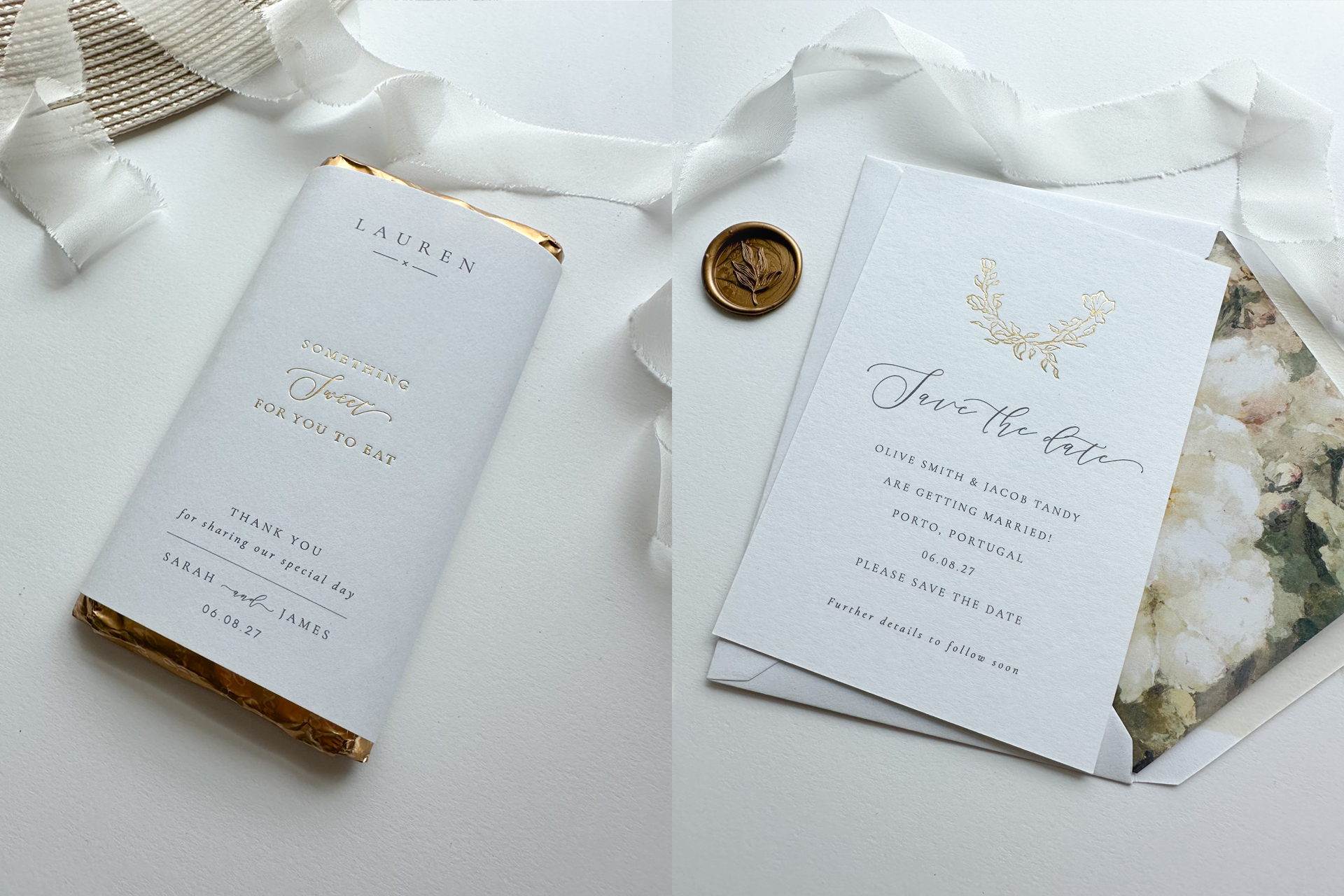 Luxury gold foil wedding stationery - Gold foil chocolate bar wrapper, floral save the date card with gold foil