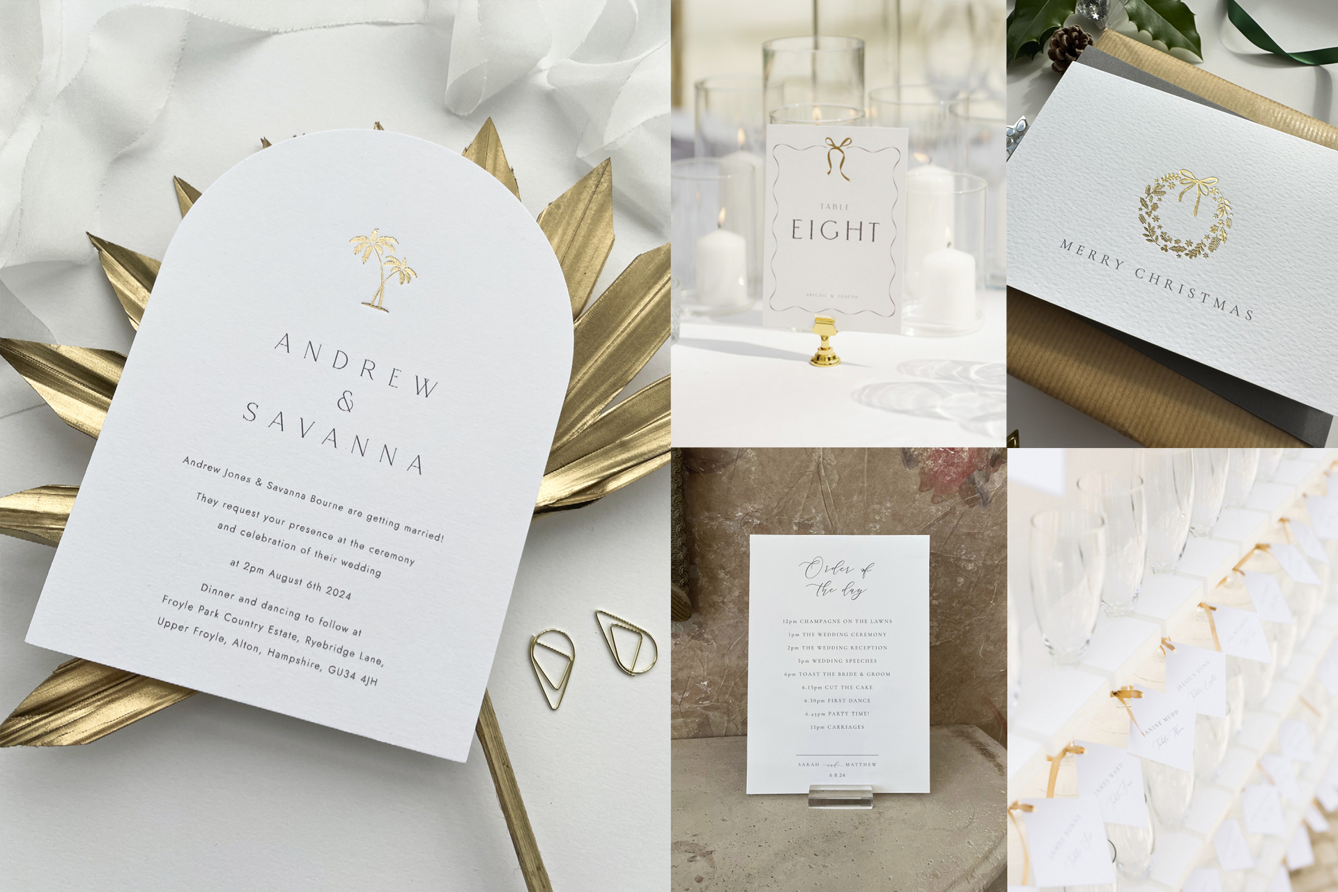 Bespoke wedding Stationery printed by hand in Brighton, Christmas Cards, wedding signage, table numbers and gold foil luxury wedding invitations