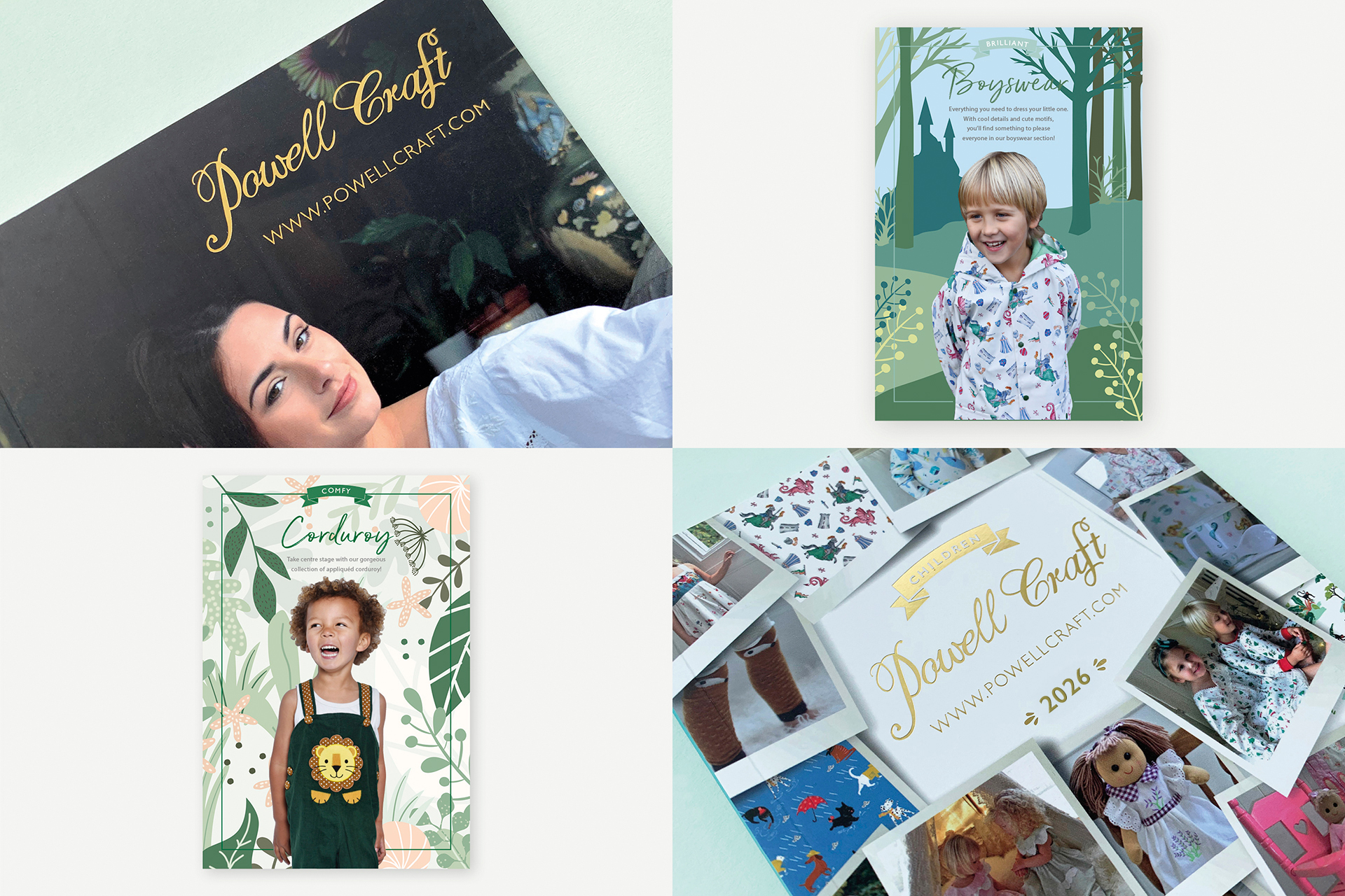 Catalogue design for wholesale gift company Powell Craft, illustrations of children in cute outfits gold foil detailing