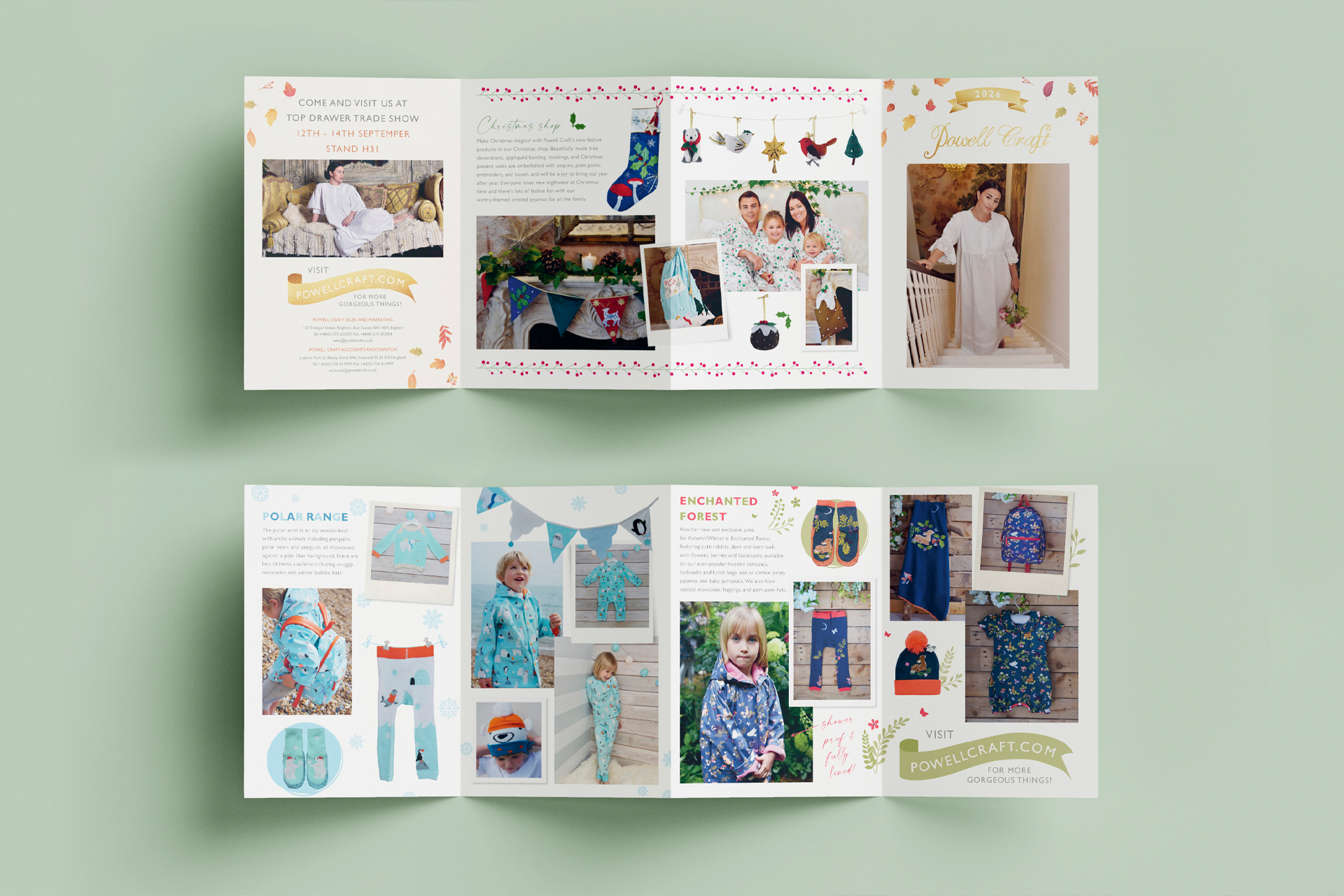 Concertina flyer design to showcase gifting wholesale company Powell Crafts vintage style gifts and clothing
