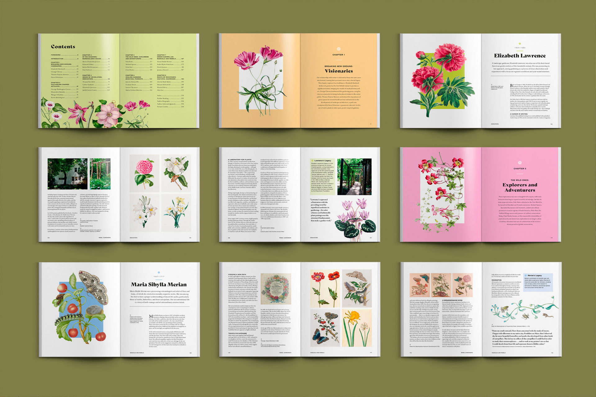 Spread design for the book Rebel Gardeners to include picture research for the whole title
