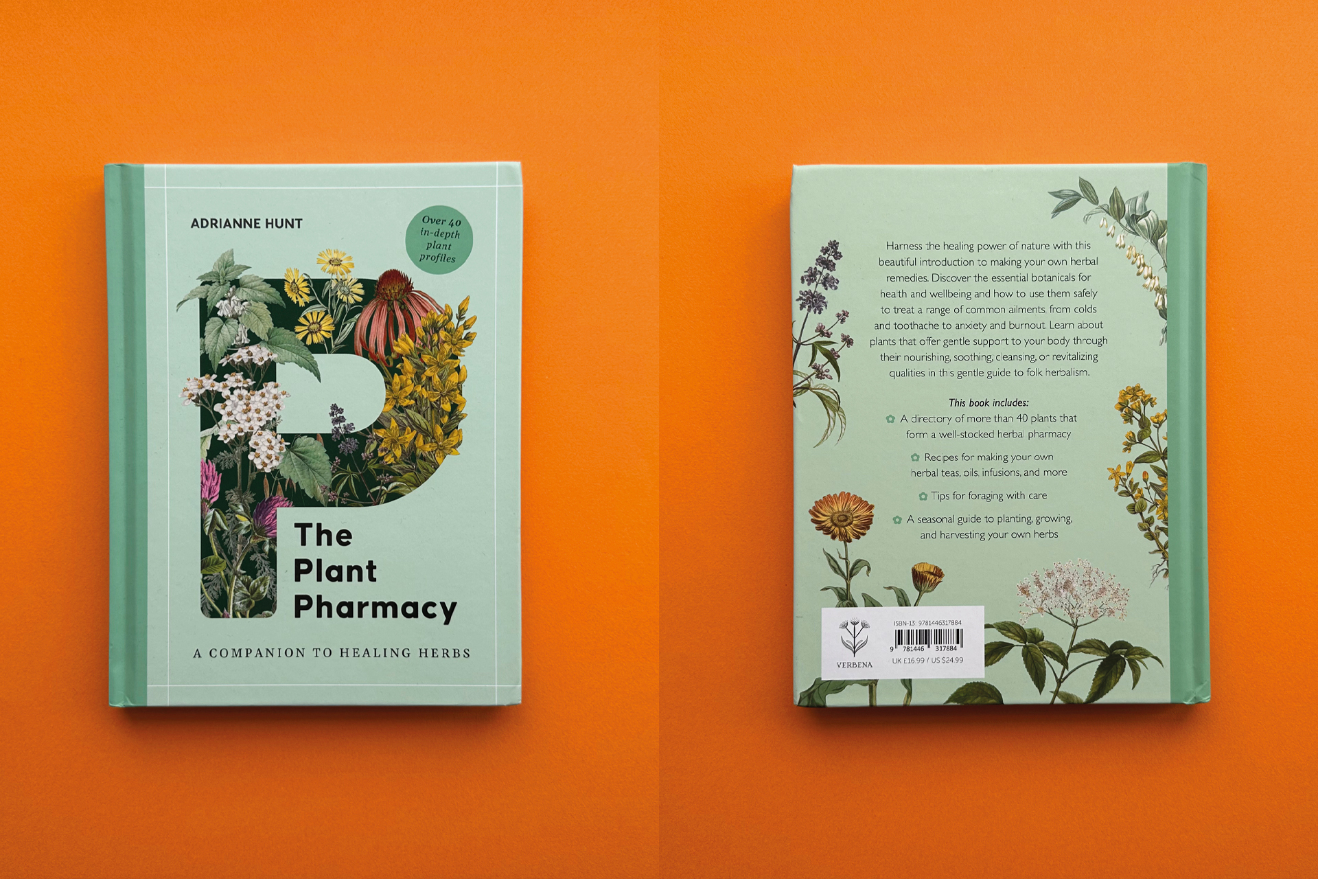The plant Pharmacy book jacket design with vintage illustrations and modern text with the plants emerging from the letter P