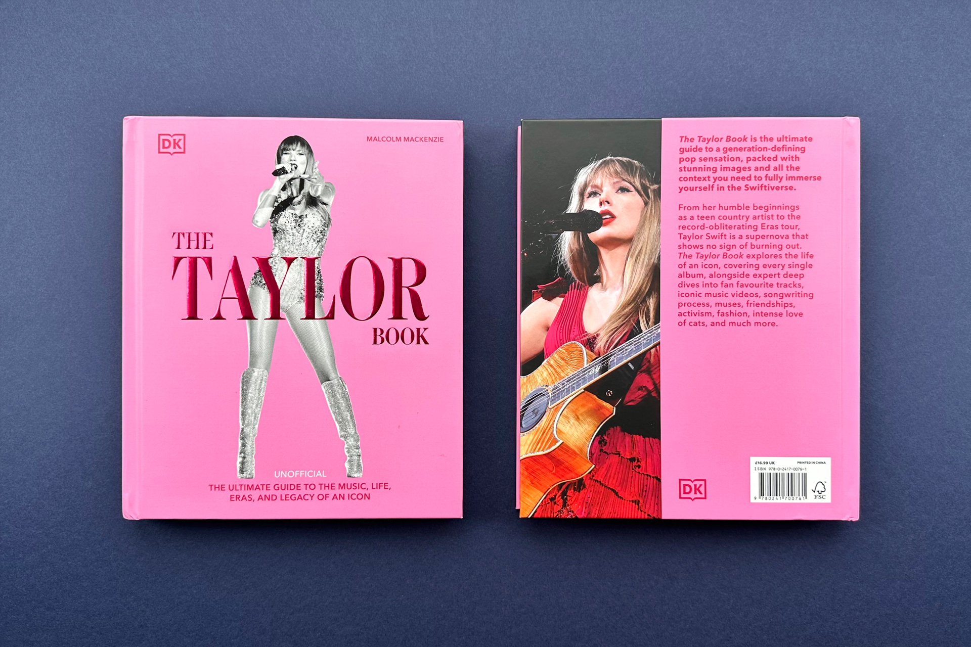 Front cover jacket design for Taylor Swift hard back book in bright pink with foil typography on book cover design - publishing design, book design, book layout design